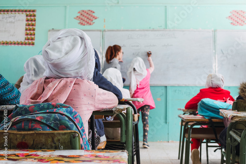 Girl attending class in a school in a Saharawi refugee camp