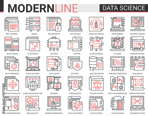 Data science complex thin red black line concept icon vector set with outline symbols collection scientific technology in database storage internet systems, cyber security of network connection