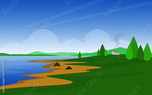 landscape with lake and trees Village art concept 