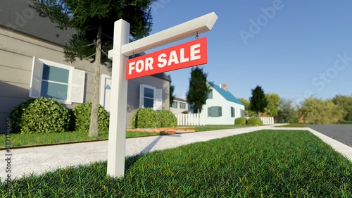 Real estate sign in front of a house for sale in a nice suburban neighborhood. Digital 3D render.