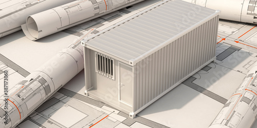 Construction site office, cargo container model on building blueprint plans background. 3d illustration..