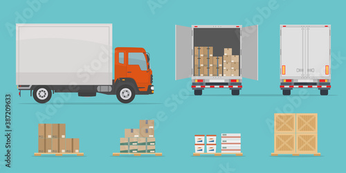 Delivery truck side and back view, and different boxes. Isolated on blue background. Warehouse Equipment, cargo delivery, storage service concept. Flat style, vector illustration.