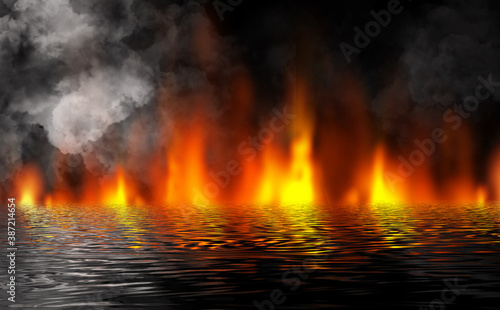 Fire on a black background, smoke, reflection of fire in the water.