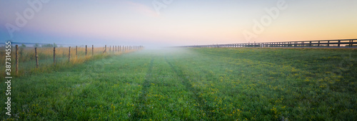 Morning fog in the meadows during sunrise in the countryside. Rural landscape with a fog on the geen field. Banner size.
