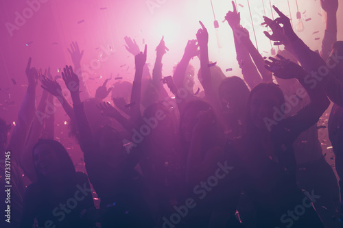 Photo of big company people rise hands have crazy fun wear stylish trendy outfit modern club indoors