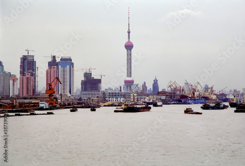 Shanghai, China - Oct 13, 1996: The Oriental Pearl tower and Pudong New Area, Shanghai in 1990s