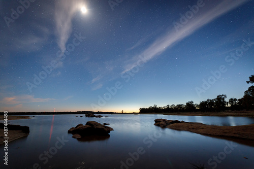 Night landscape with moon in the swamp of Valdesalor. Extremadura. Spain.