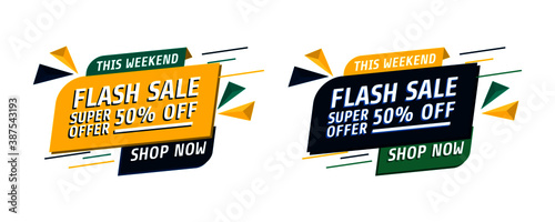 Set of trendy abstract banners. Flash sale poster and banner. Template ready for use in web or print design. Social media poster. Origami label vector for online shop.
