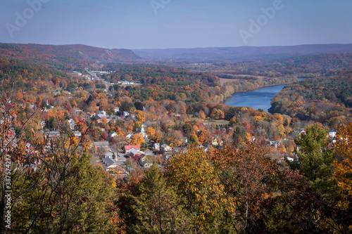 Milford, PA, and the Delaware River from scenic overlook on a sunny fall day