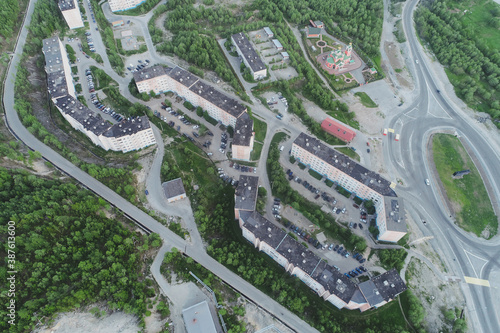 Aerial Townscape of Kirovsk Town located in Northwestern Russia on the Kola Peninsula