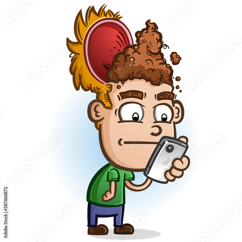 A cartoon boy with his head split open showing his poop for brains while mindlessly swiping through information on his phone