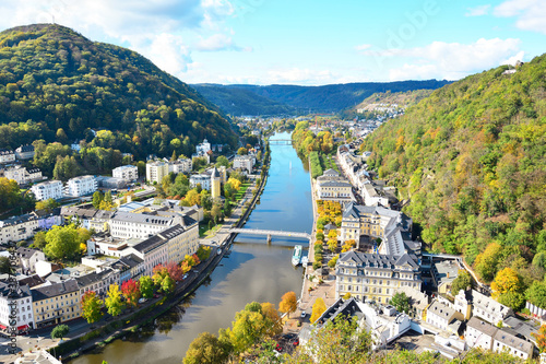 Aerial view of the city of Bad Ems. View of the Lan River and the city. October. Autumn colors.