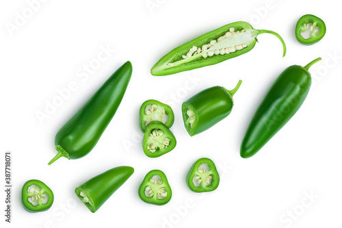 jalapeno peppers isolated on white background. Green chili pepper with clipping path. Top view. Flat lay