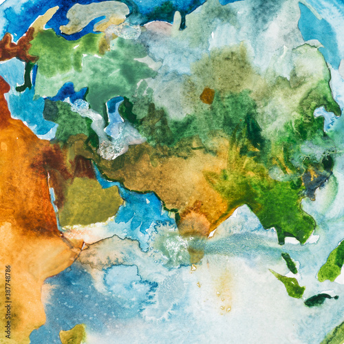 Watercolor map of Asia, Europe and Africa. Aquarelle illustration.