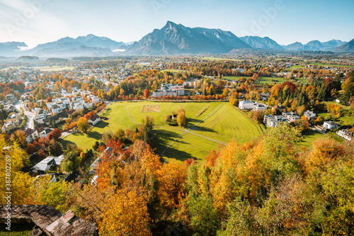 Aerial panorama view of Salzburg seen from Hohensalzburg Fortress in fall, Salzburger Land, Austria