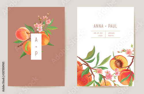 Watercolor wedding peach floral invitation. Exotic fruits, flowers, leaves card. Botanical Save the Date