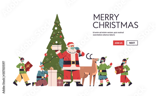 santa claus with mix race elves in protective masks preparing gifts happy new year merry christmas holidays celebration concept full length horizontal copy space vector illustration