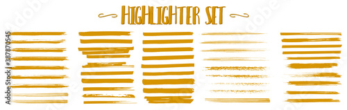 Highlighter brush lines set. Vector marker color stroke for text. Brush pen hand drawn underline. Hand drawn highlight collection. Yellow watercolor abstract lines. Stylish grunge lines. Vector