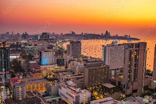 The Cityscape, the buildings, the coast and the seascape of Pattaya District Chonburi Thailand Southeast Asia