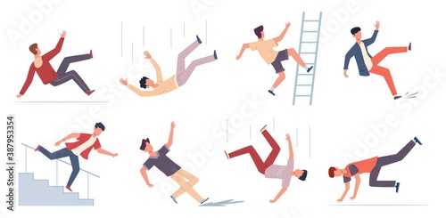 Falling people. Danger caution wet floor, falling down stairs, slipping, stumbling and downfall injured man, beware accidents safety vector flat cartoon isolated unbalanced characters