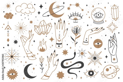 Mystic line elements. Magic contour icons, hand drawn doodle minimalistic witch fairy golden and mysterious objects, hands and cristal, snake and moon, star and clouds vector collection