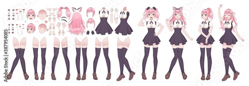 Anime girls character kit. Manga japanese style woman with various face emotions hands and legs position, hairstyles kawaii asian teen in cosplay clothes vector comic female cartoon set
