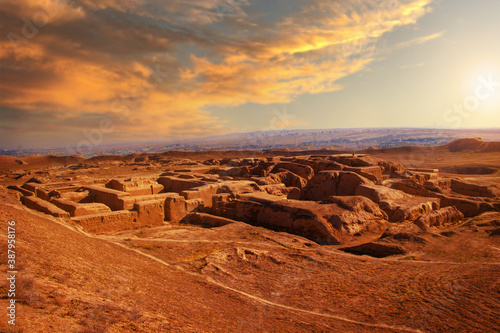 Ancient Parthian capital Nisa, located near Ashgabat in Turkmenistan. Beautiful panoramic view at sunset.