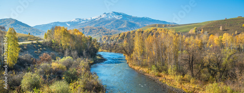 River, forested banks and a snow-capped peak. Sunny autumn day. Panoramic view.