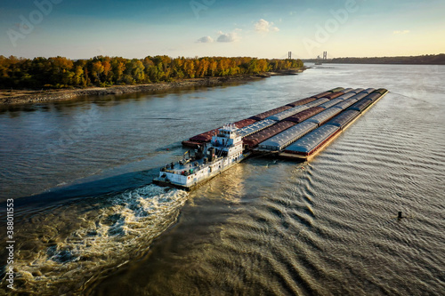 Mississippi River at Cape Girardeau Missouri. Fall 2020. tugboat barge