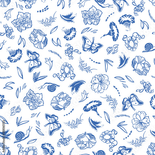 Vector classic, porcelain blue, retro, elegant floral pattern. Seamless royal design with hand drawn line art flowers, butterfly and snail on white background. Nature background. Surface pattern