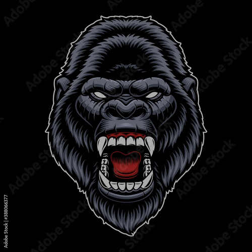 A colorful vector illustration of a gorilla head, isolated on dark background.