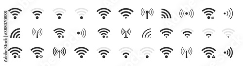 Icon wifi signal. Wireless internet symbol. Set of sign for connect of network. Bar of satellites for mobile, radio, computer. Hotspot, strength electronic wave from antenna for communication. Vector