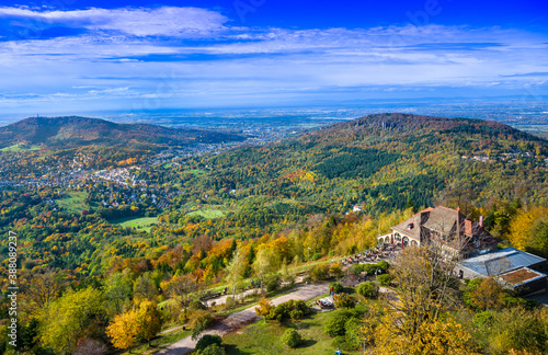 View of the Merkur restaurant and the Rhine Valley near Baden Baden, Baden Wuerttemberg, Germany