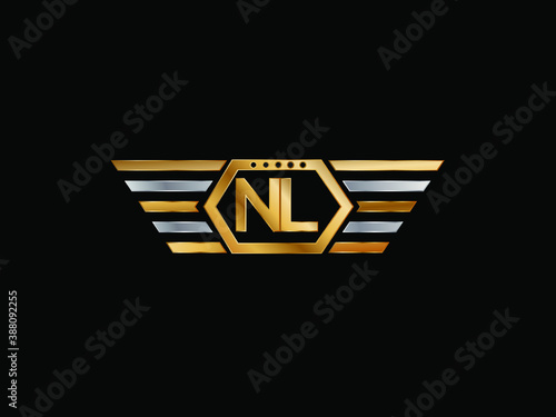 NL wing shape Initial logo letter design art logo, gold color on black background