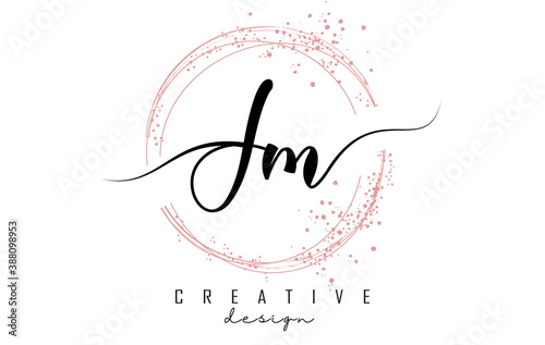 Handwritten JM J M letter logo with sparkling circles with pink glitter.