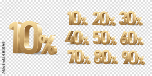 Discount 3D golden numbers with percent sign, isolated on transparent background. Set of discount numbers.