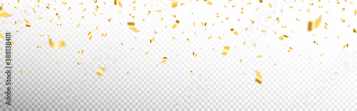 Gold confetti on transparent backdrop. Realistic falling tinsel. Luxury anniversary template. Flying decoration elements. Bright serpentine isolated. Vector illustration