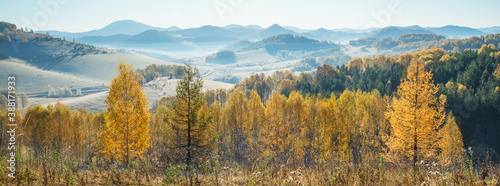 Panoramic autumn view. Morning haze over hills and valleys.