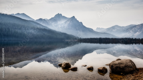 Mountain reflection on the lake in Stanley, Idaho.