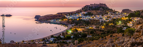 Rhodes, Greece-panoramic view of Lindos, town, fortress and Acropolis.