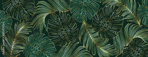 Luxury gold and nature green background vector. Floral pattern, Golden split-leaf Monstera plant with palm leaves, Vector illustration.