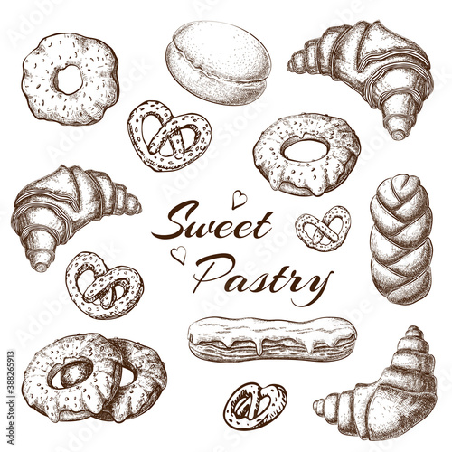 Hand drawn baked products on white background. pastry illustration. pastry sketch for cafe or bakery menu design in vintage engraved style. donuts, croissants, eclair, pretzels graphic icon set.