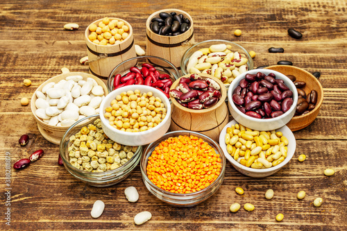 Set of various dry legumes in bowls as indispensable protein for a healthy life