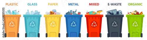 Recycling bins. Containers with separated garbage. Trash cans for plastic, glass, paper and organic. Segregate waste vector illustration. Garbage recycling, organic recycle box for trash material
