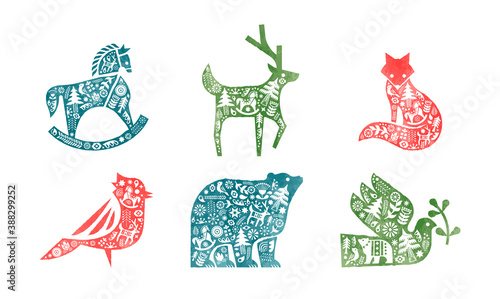 Christmas watercolor retro scandinavian animal set