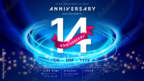 14 years anniversary logo template on dark blue Abstract futuristic space background. 14th modern technology design celebrating numbers with Hi-tech network digital technology concept design elements.