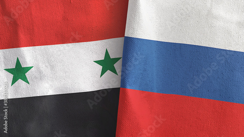 Russia and Syria two flags textile cloth 3D rendering