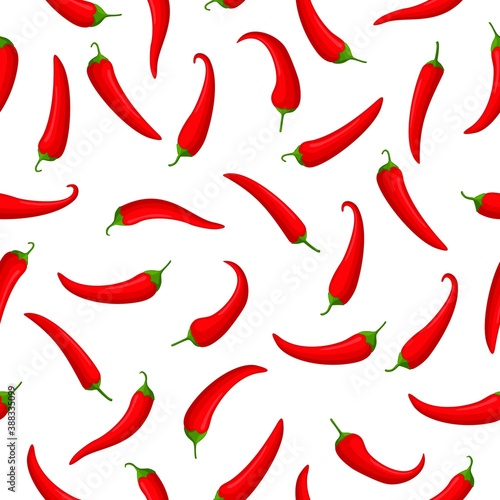 Hot red Chilly peppers on white seamless pattern background, cartoon mexican chilli, paprika icon signs. Spicy food symbol, cayenne peppers. Vector illustration