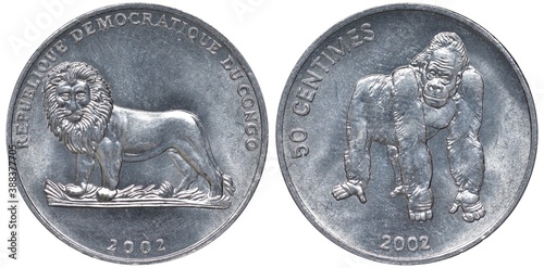 Congo Congolese aluminum coin 50 fifty centimes 2002, heraldic lion left, gorilla, 