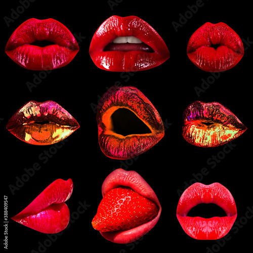 Collage sexy seduction woman mouth, passion lick and sensual suck. Set of lips seduction temptation passion desire. Abstract art design, banner. Isolated on black background.